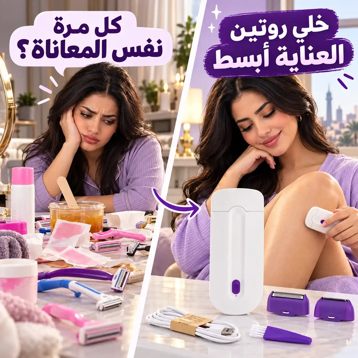 مقارنة بين روتين إزالة الشعر المتعب وروتين أسهل مع الجهاز